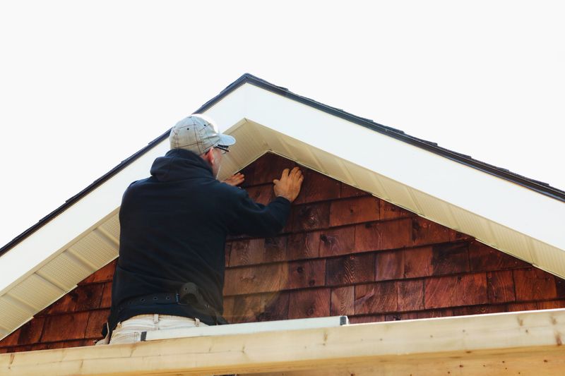A man adding cedar shakes to a small cabin.