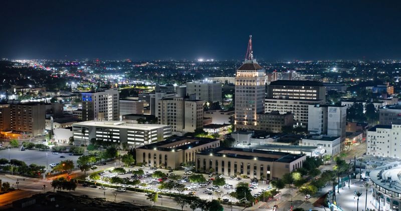 Aerial shot of downtown Fresno, California at night during spring.