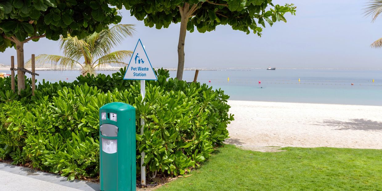 Pet waste station near a beach with greenery and ocean view.