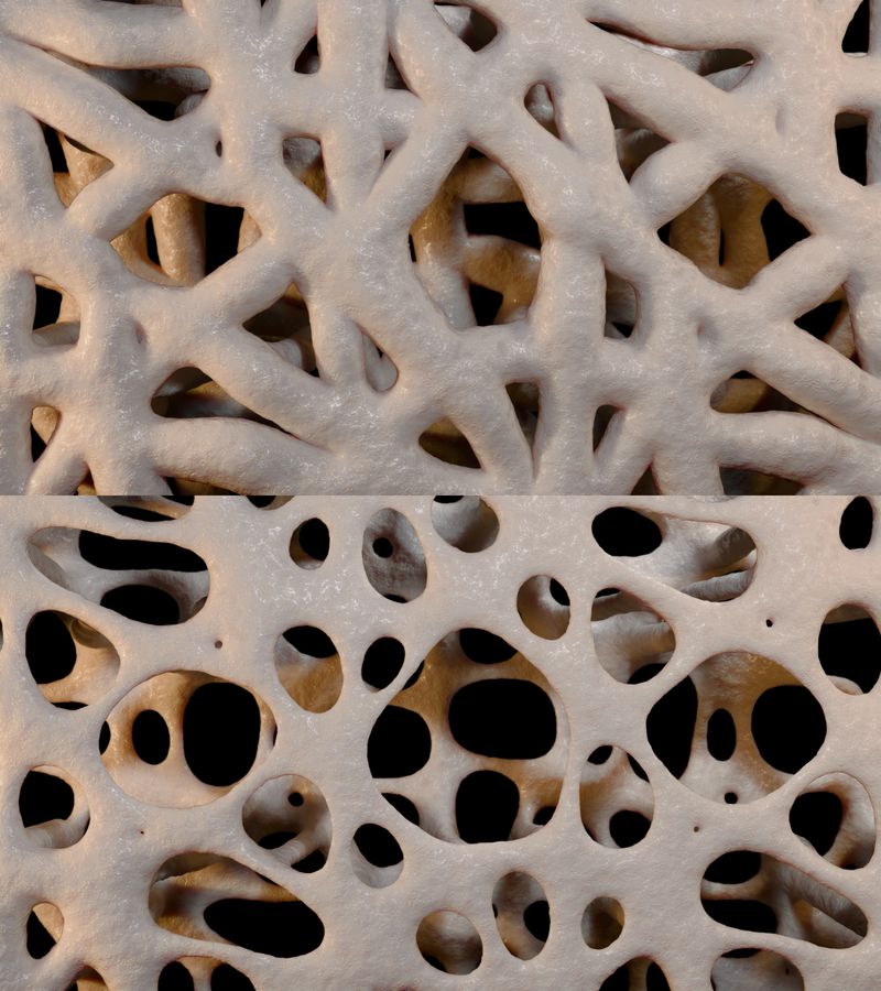 This 3d illustration shows the bone thinning caused by osteoporosis