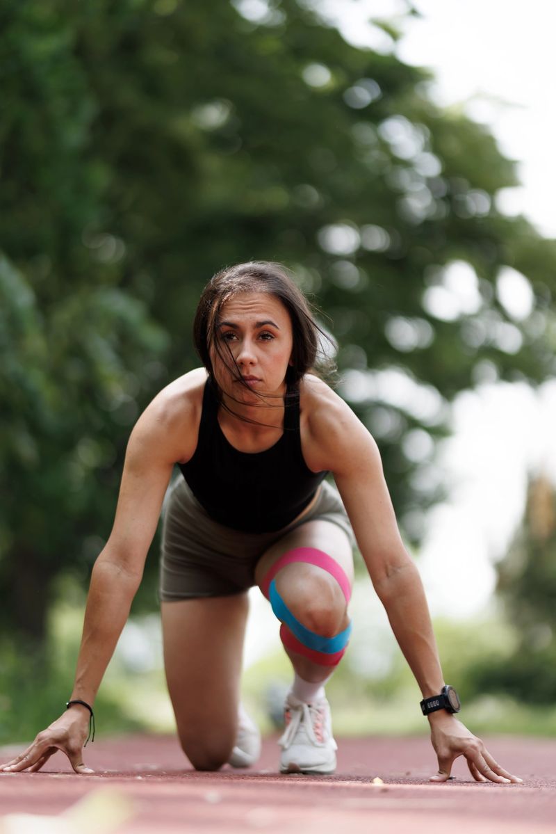 Focused female athlete in athletic wear with kinesiology tape on her knee, poised at a starting line in an outdoor setting surrounded by greenery, exemplifying determination and fitness.