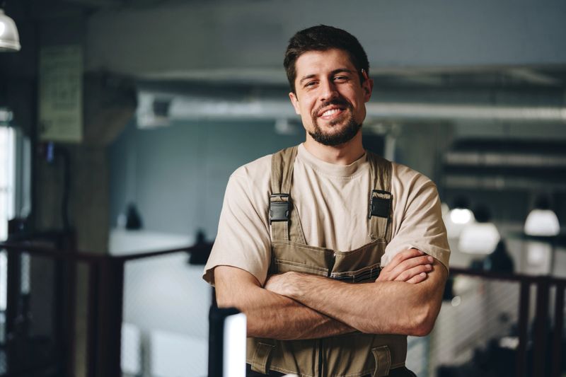 A focused worker uses a power tool while seated at a cluttered bench in a well-lit workshop. Various tools and storage bins are nearby, suggesting an active work environment.