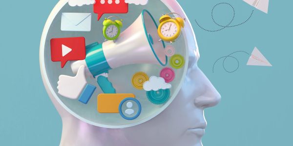 Illustration of a head filled with social media and communication icons.