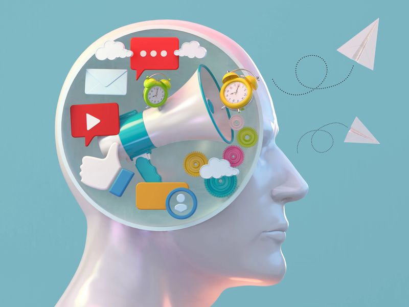 A conceptual depiction of a humanoid head showcasing a variety of digital communication elements. Symbols of social media, notifications, and clocks represent modern interactions and thoughts.