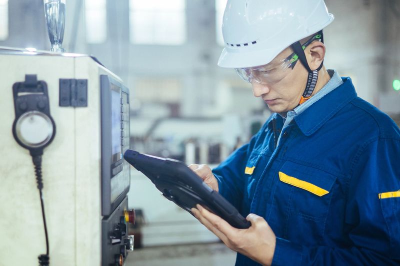 An Asian engineer using a tablet in the factory