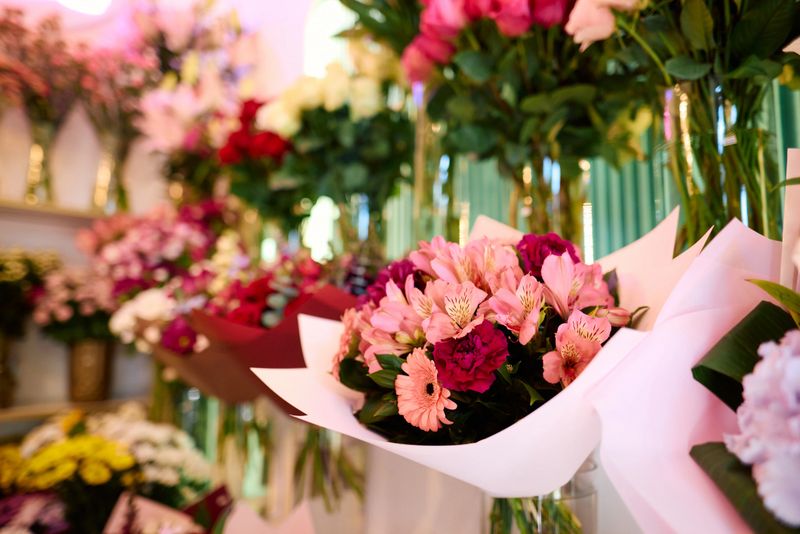 Colorful bouquets of diverse flowers, elegantly wrapped in decorative paper, filling a flower shop with vibrant hues and delightful fragrances, creating an inviting atmosphere for all