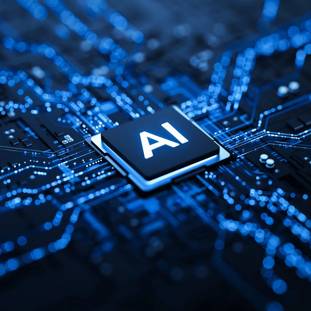 Close-up of a glowing AI chip on a futuristic circuit board.