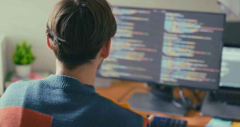 A dedicated programmer working on multiple computer screens, immersed in writing code.