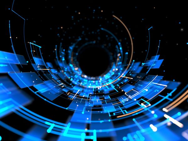 Futuristic digital tunnel of blue and orange glowing circuit lines.