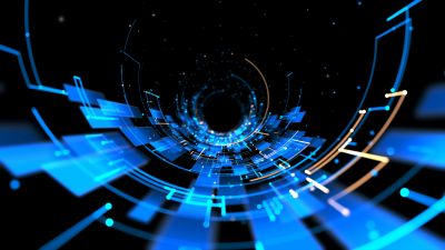 Abstract digital tunnel with blue and orange circuitry elements.