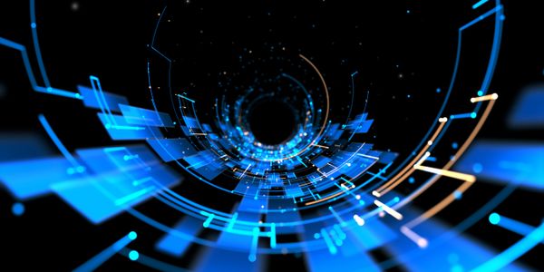 Futuristic digital tunnel with glowing blue and orange elements.