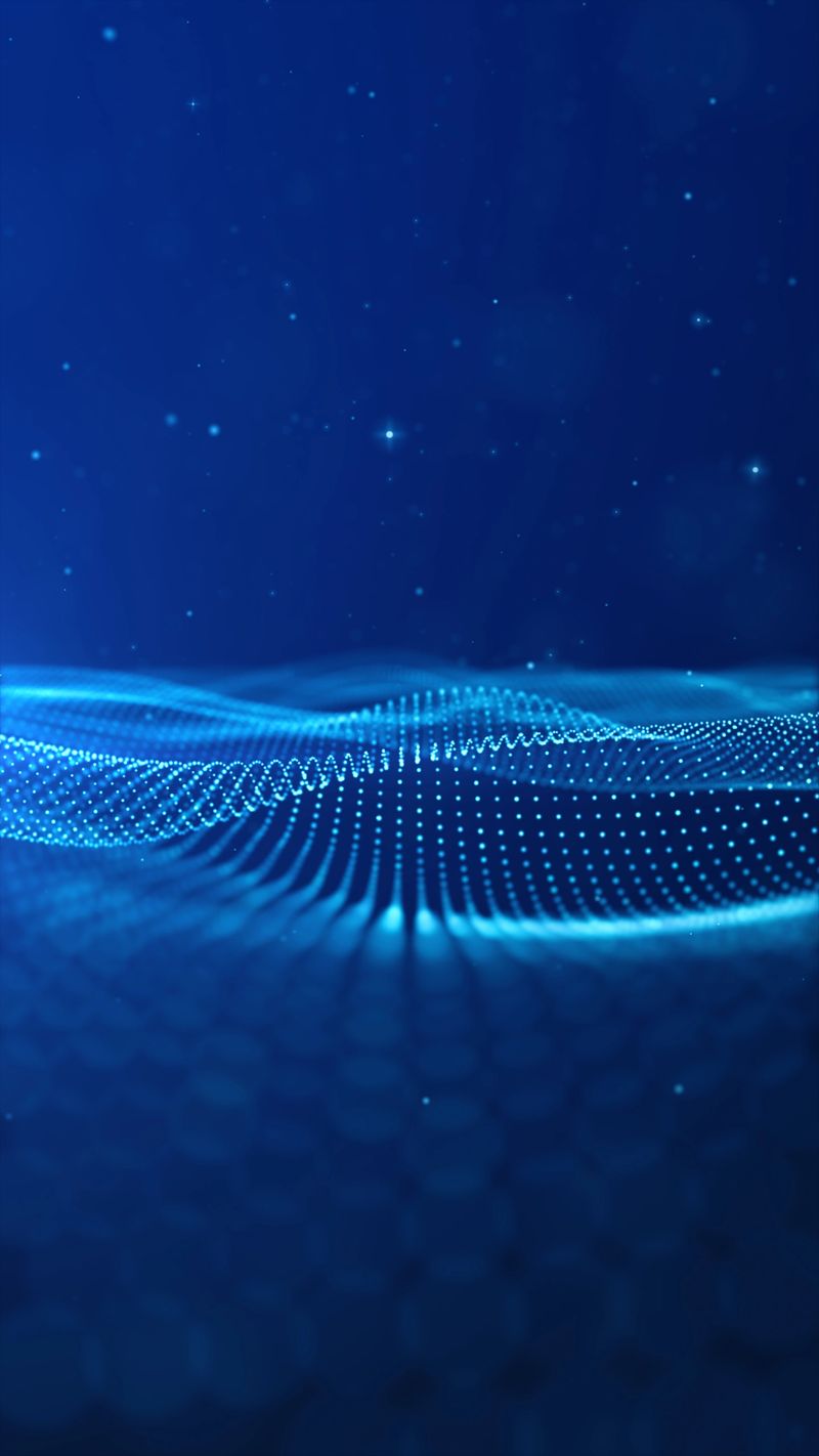 Futuristic vertical tech background featuring a glowing digital wave particle grid in deep blue, Digital data, and innovation abstract background 3D Rendering