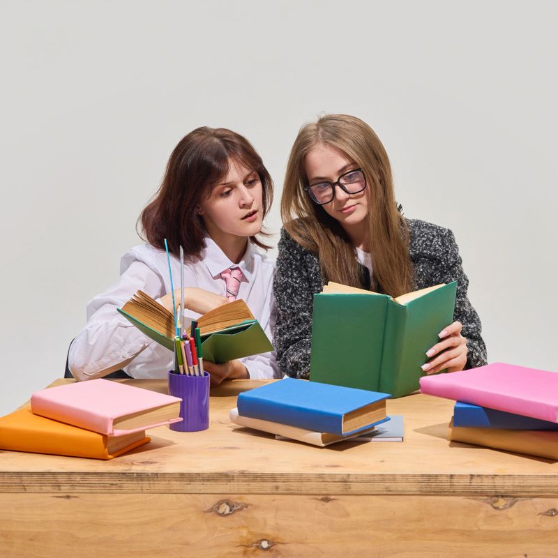 Two girls, students sitting at wooden desk, looking in textbooks and studying together with expressive emotions against grey background. Collaborative study, group learning, school education concept