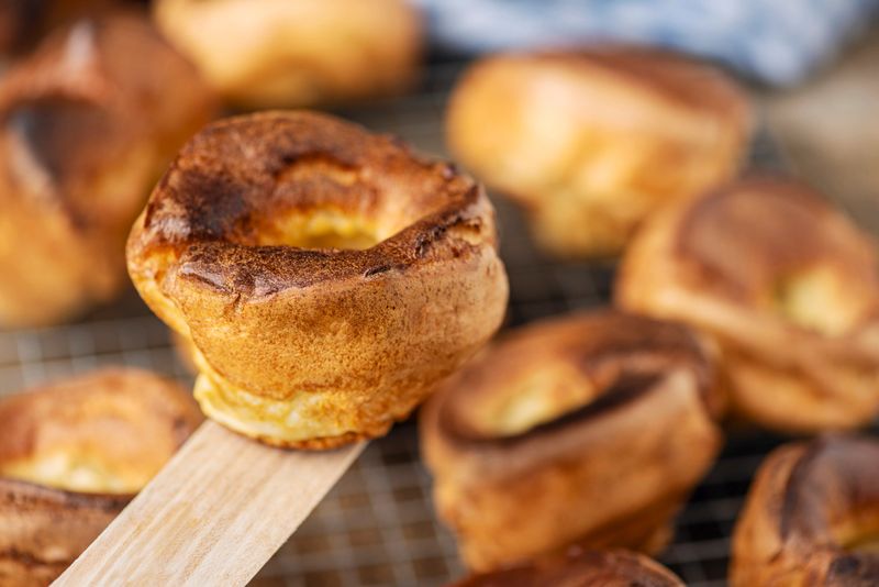 There are many myths surrounding the best recipe, but this is a simple batter recipe made with eggs, flour, milk, salt, and a bit of sparkling water. It is whisked together and then placed in an oiled and hot muffin tray, which is then placed in a very hot oven for approximately 20 minutes. Delicious served with a traditional roast dinner.