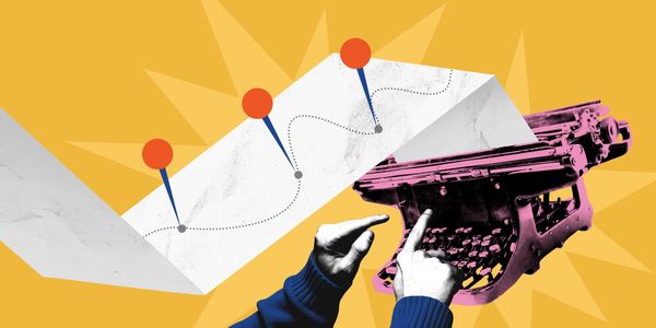 Hands typing on a pink typewriter with a map showing a dotted route and location pins.