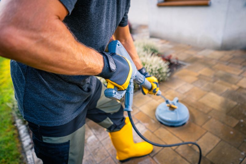 A man is using a pressure washer to clean a brick patio outside a house. Dressed in yellow waterproof boots and gloves, he carefully aims the wand at the surface, spraying away dirt and grime.