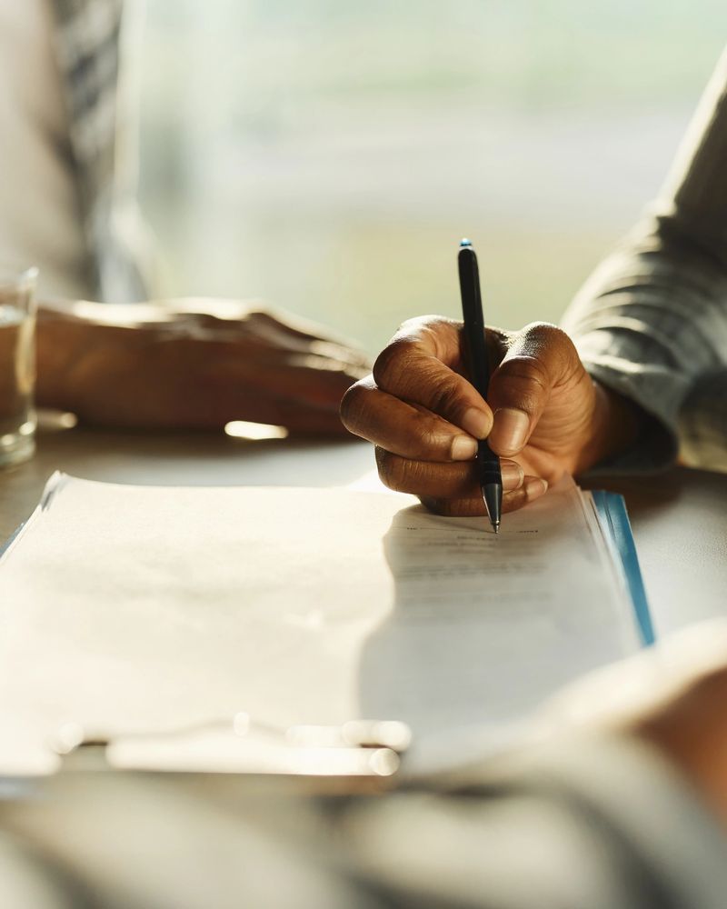 Close up of unrecognizable African American woman signing a contract on a meeting with agent.