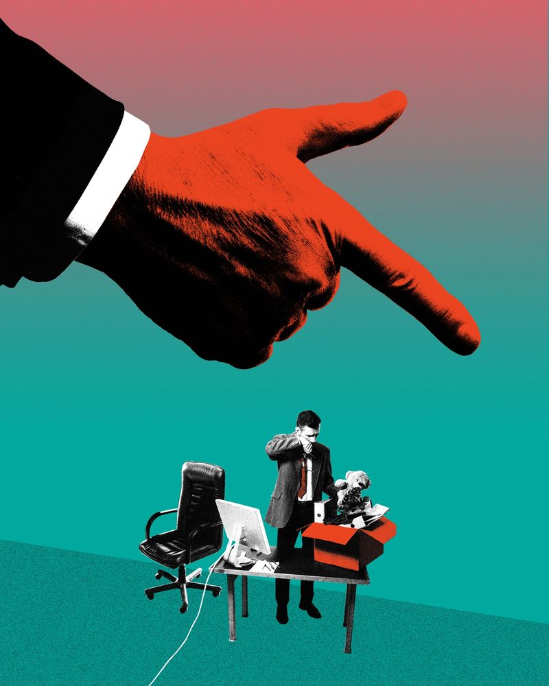 Giant red hand points toward man packing office desk in sadness. Contemporary art collage. Concept of world crisis, business, economy, job loss, being fired. Photocopy effect.