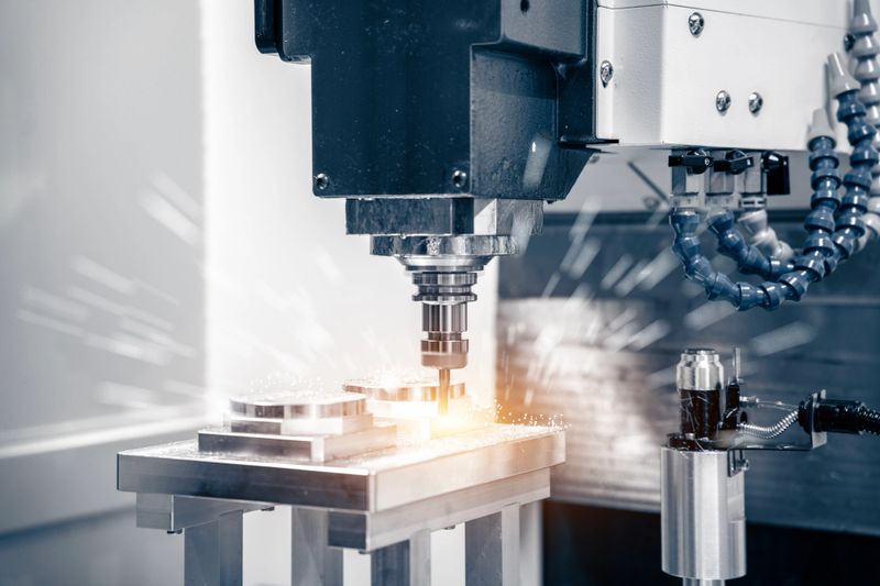 Working closeup CNC turning cutting metal Industry machine iron tools with splash water. Vertical mill metalworking process.