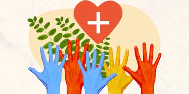 Colorful hands reaching towards a heart with a medical cross.