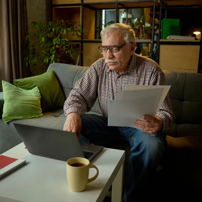 Concentrated elderly man in glasses sitting on sofa in modern living room, looking at laptop and holding papers, studying online with tutor. Concept of elderly lifestyle, education, knowledge.