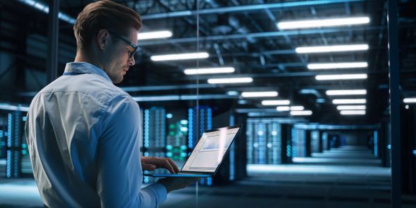 Man working on laptop in a server room.