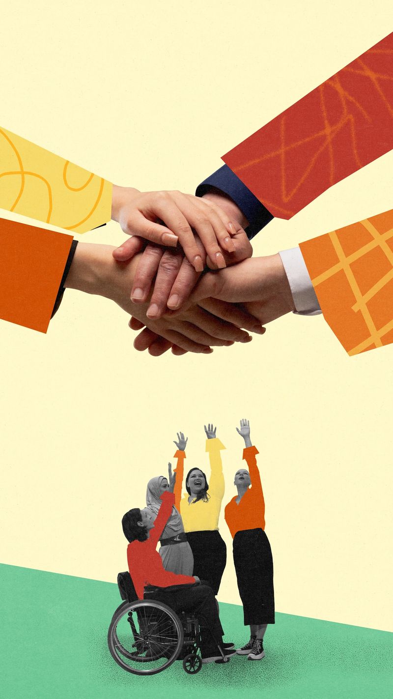 Modern collage. Diverse group including woman in wheelchair celebrating business deal under layered handshake symbolizing unity. Concept of teamwork, , business, equality, cooperation, success