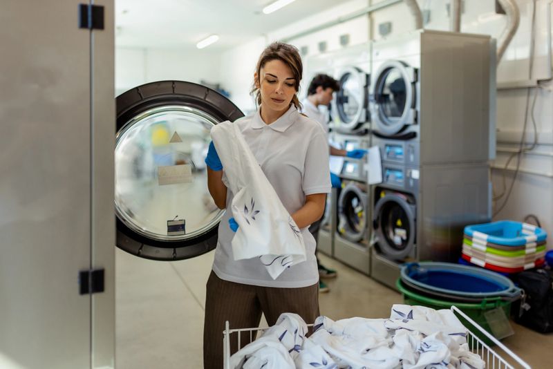 A focused laundry worker in protective gloves handles freshly laundered linens in a commercial laundry room equipped with industrial washing machines. The scene emphasizes cleanliness and efficiency in a professional setting.