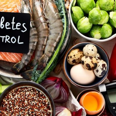 Healthy foods for diabetes control including shrimp, salmon, eggs, and vegetables.