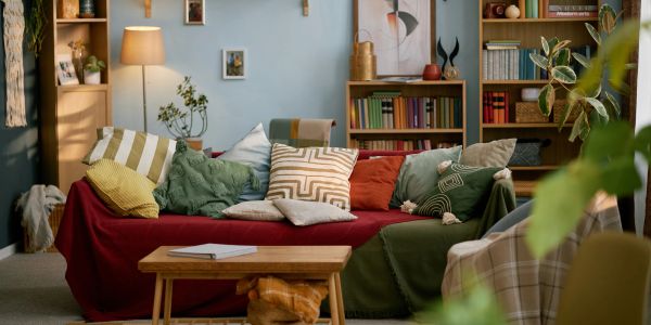 Cozy living room with colorful pillows and wooden furniture.