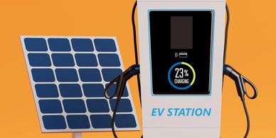 Electric vehicle charging station with a solar panel on an orange background.