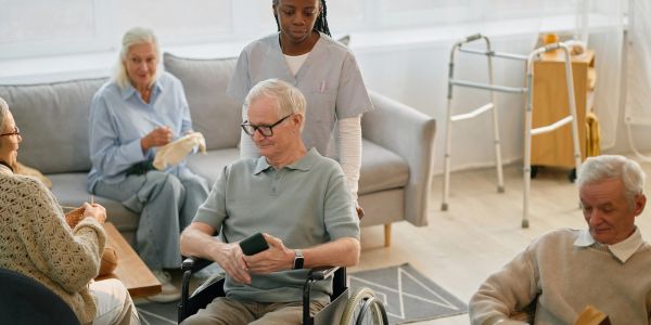 Nurse attending elderly man in wheelchair in nursing home.