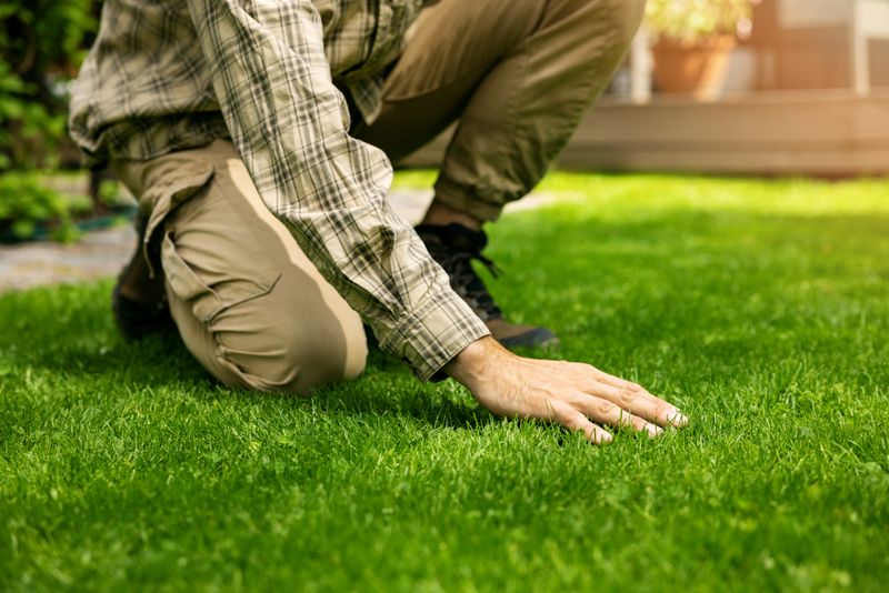 lawn care. man touch perfect green grass with hand at home backyard