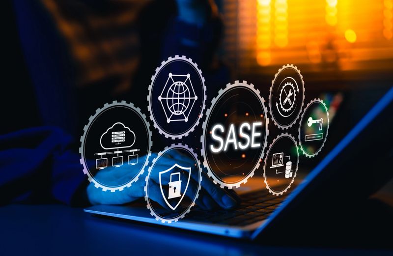 SASE Secure Access Service Edge Cybersecurity Concept. Digital representation of SASE framework with icons for cloud, security, access control, network, support, and secure cloud-based IT solutions.
