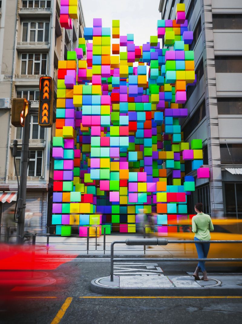 Colorful cubes in place of a building. CGI, all objects in the scene are 3D
