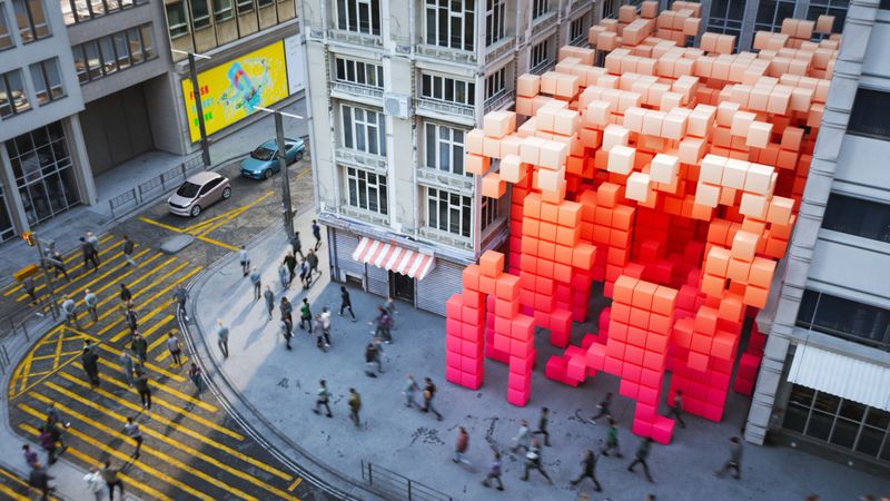 Colorful cubes in place of a building. CGI, all objects in the scene are 3D, images used on ads are my own