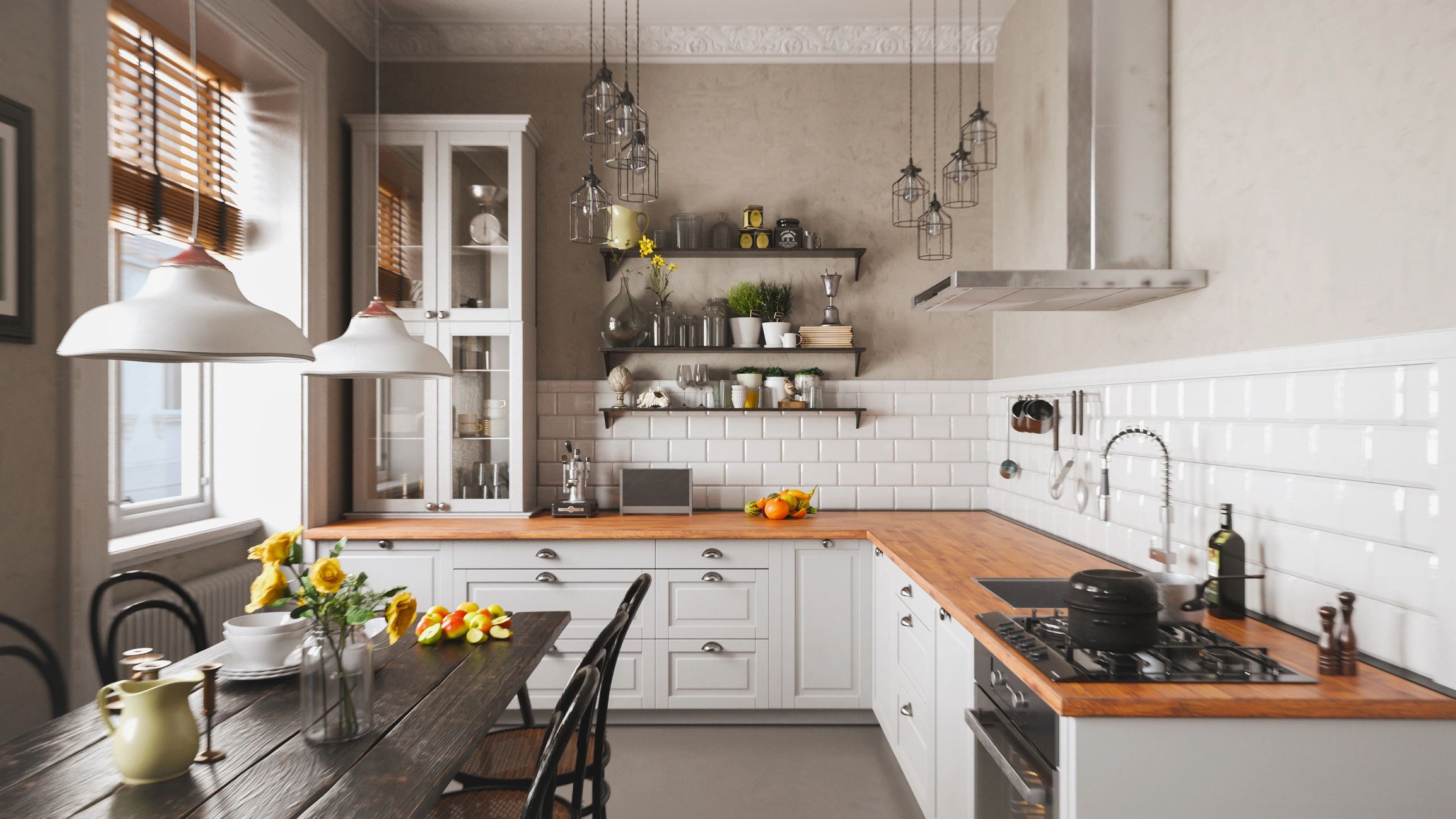 Cozy kitchen with wooden countertops and white cabinetry.