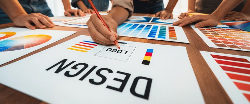 Graphic designer brainstorm logo and graphic art at busy creative studio workshop. Experiment and brainstorm color palette and pattern at workspace table for creative design. Panorama shot. Scrutinize