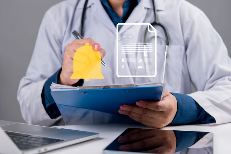 Doctor reviewing patient record with digital alert notification. Concept of healthcare communication, medical report reminder, Lab Result Notification, and electronic medical data update.