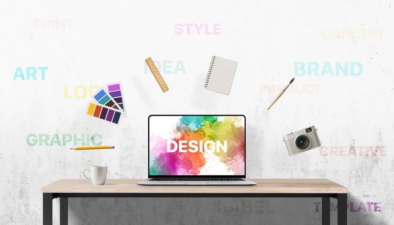 Vibrant design scene with floating art supplies and inspirational keywords on the wall behind a laptop workspace, capturing creative process in motion