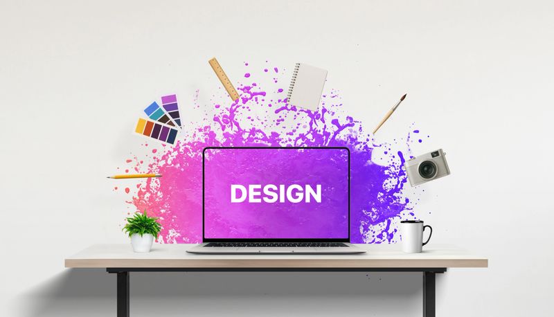 Laptop with âDesignâ text being splashed by a purple wave of color, surrounded by floating creative tools like pencil, palette, ruler, notebook, brush, and camera