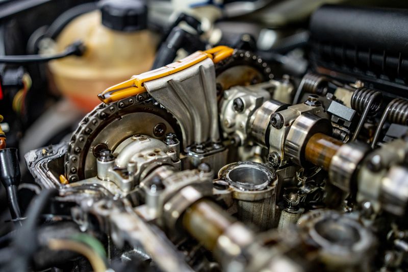 Detailed view of car engine components, showcasing the camshaft, timing chain, and other internal mechanisms in a precise and technical arrangement, emphasizing automotive engineering and mechanical intricacy.
