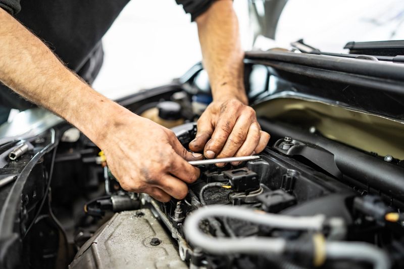 A mechanic works diligently under the hood of a car, focusing on its engine. The image captures professionalism, technical expertise, and the interior details of vehicle maintenance in a workshop environment.
