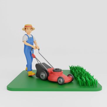 Cartoon figure mowing grass with a red lawnmower on a green patch.