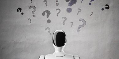 Robot with question marks symbolizing confusion or inquiry.