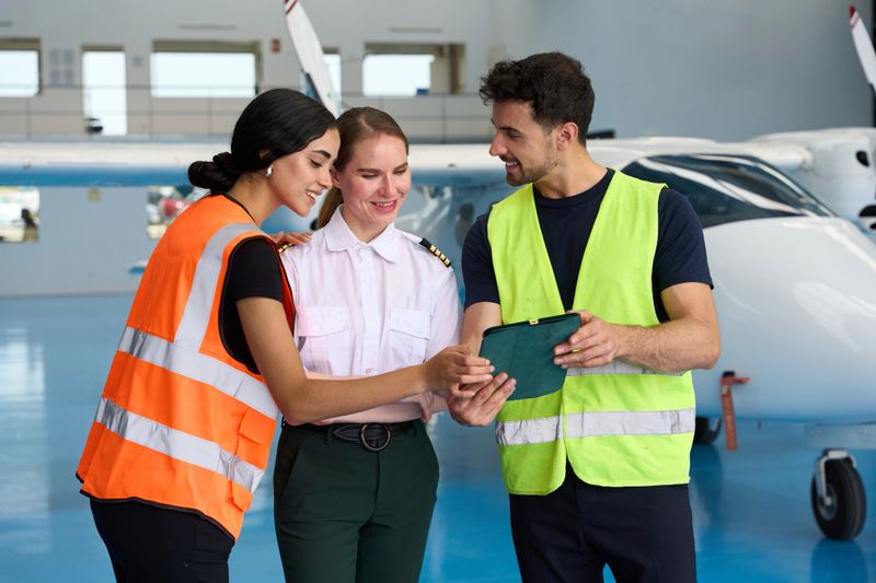 Aircraft mechanics collaborating with a student pilot, discussing information on a digital tablet inside a busy hangar environment