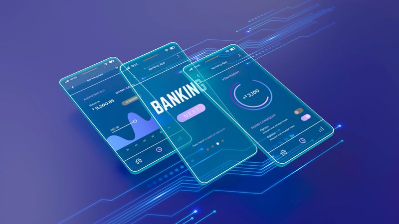 A sleek 3D render showcasing a mobile banking application interface on multiple smartphone screens, set against a futuristic blue background with glowing circuit-like lines. The screens display financial data, graphs, and banking options, emphasizing concepts like electronic banking, mobile payment, and digital wallet technology. This image represents the innovation in financial technology (FinTech), convenience of online banking, and modern financial planning tools. Ideal for illustrating digital transformation in finance, user experience design for mobile apps, and secure money transfer solutions.