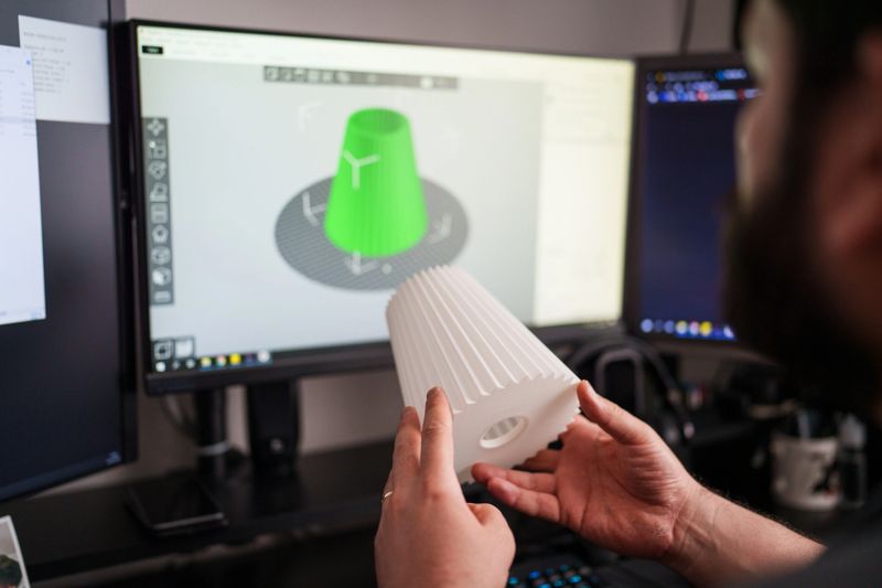 Woman carefully measuring a 3D printed lampshade using a caliper in her home workshop, ensuring precision in their design project. Part of a lifestyle series showcasing hands-on work and craftsmanship in a home-based 3D printing business.