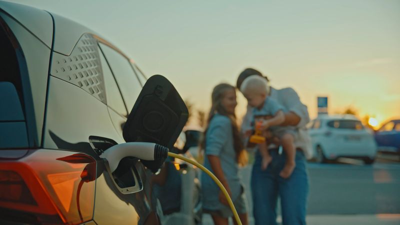 A Caucasian mother with her baby boy and young daughter stands near an electric car charging station in a parking lot during a serene sunset, highlighting sustainable transportation and family connection.