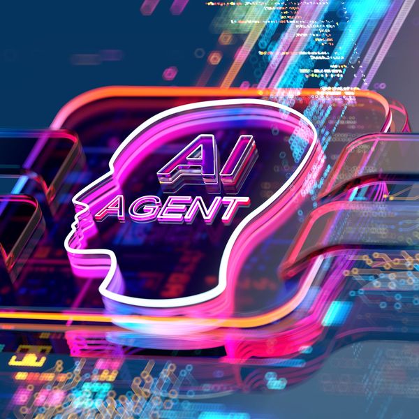 Neon AI agent silhouette with digital code.